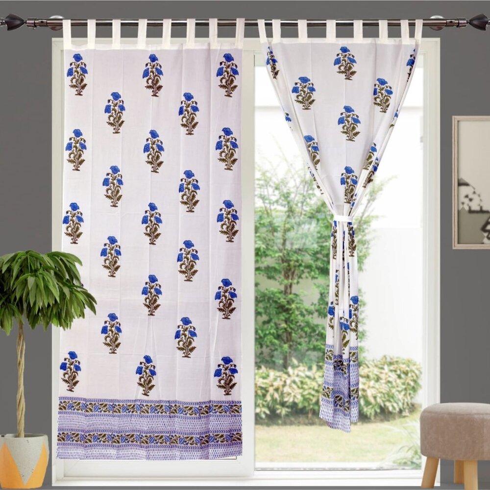 Hand Block Printed Cotton Curtains 7 feet – Set of 2 White & Navy Blue
